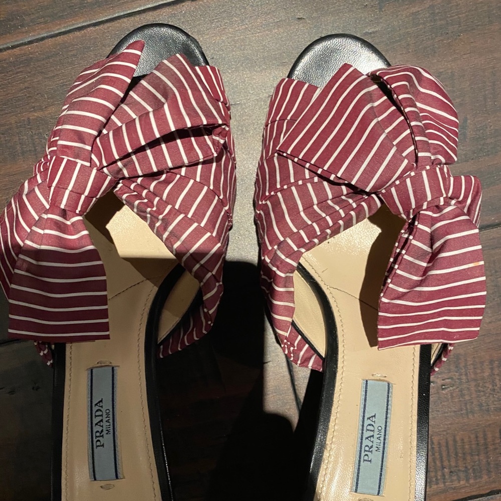 Prada red and white kitten heel sandals